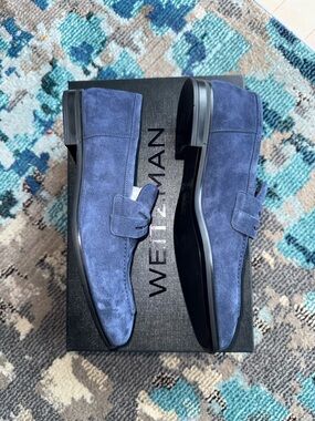 Stuart Weitzman Navy Blue Suede Penny Loafers
